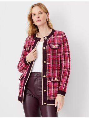 Ann Taylor Pink Plaid Tweed Long Cardigan Jacket